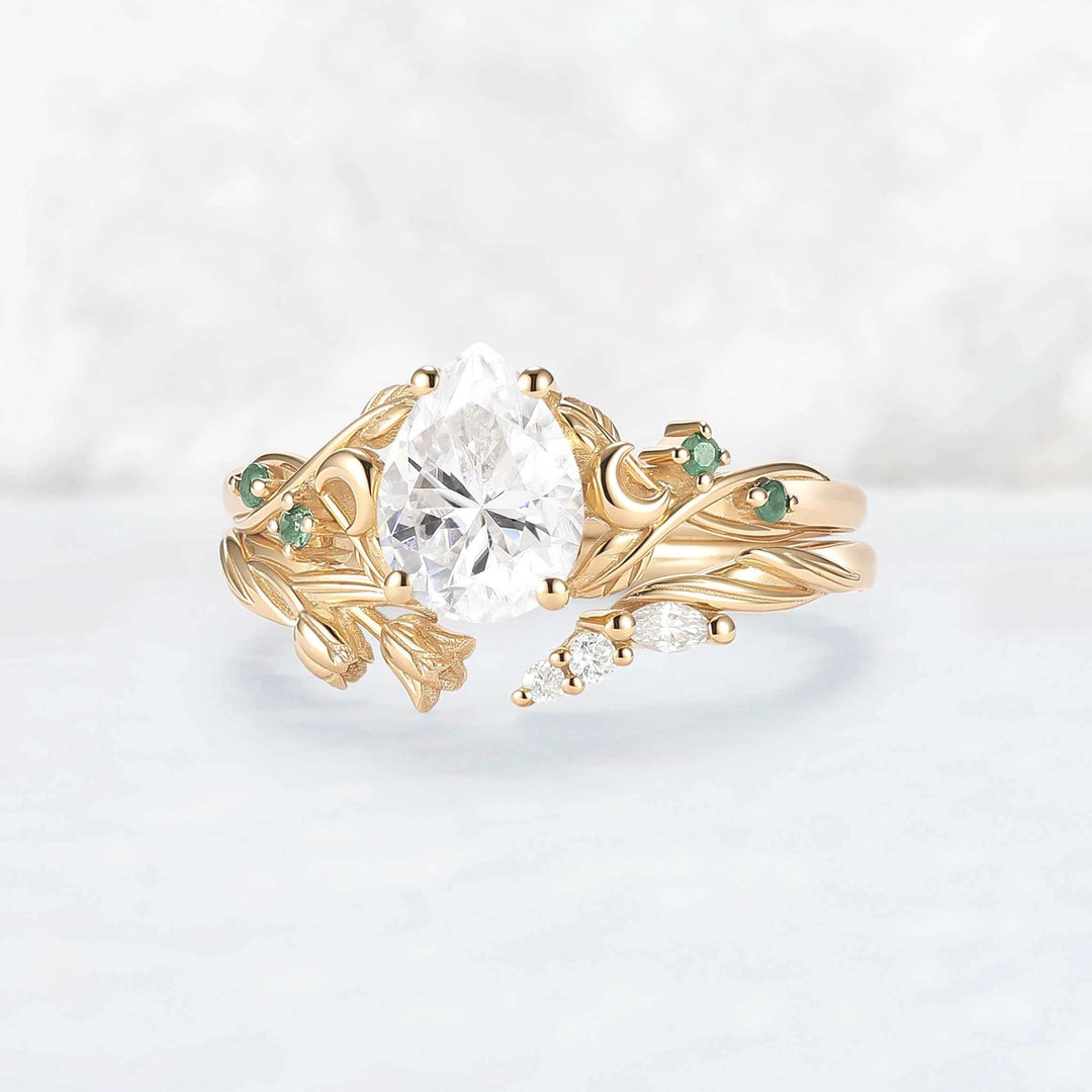 Nature-Inspired Moon & Bud Design Moissanite with Moss agate Engagement Ring Set - 2pcs