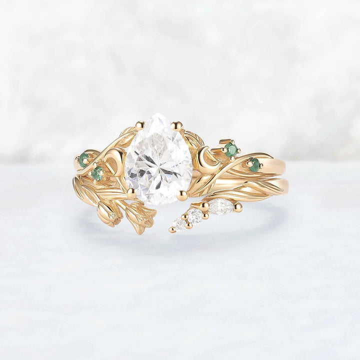 Nature-Inspired Moon & Bud Design Moissanite with Moss agate Engagement Ring Set - 2pcs