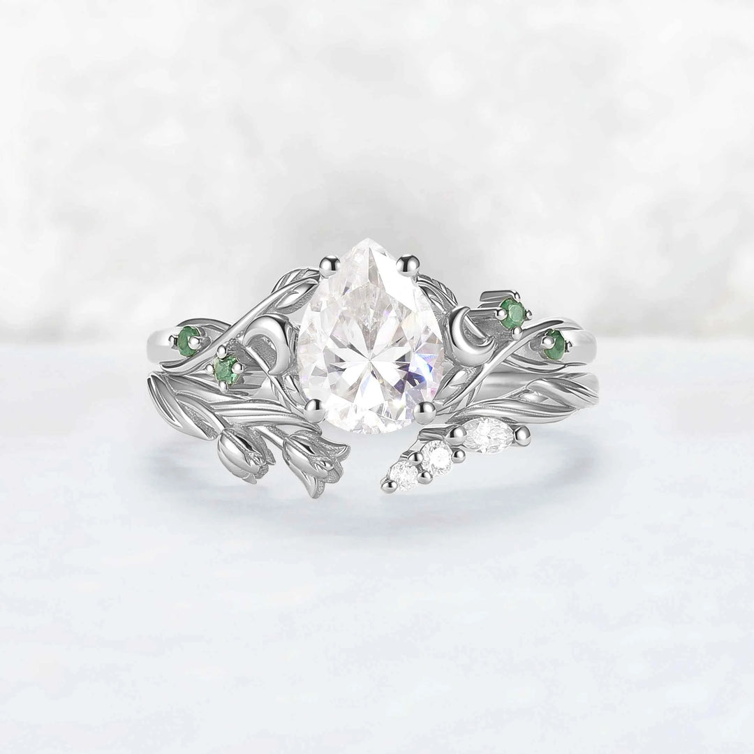 Nature-Inspired Moon & Bud Design Moissanite with Moss agate Engagement Ring Set - 2pcs