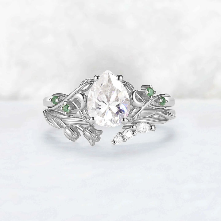 Nature-Inspired Moon & Bud Design Moissanite with Moss agate Engagement Ring Set - 2pcs