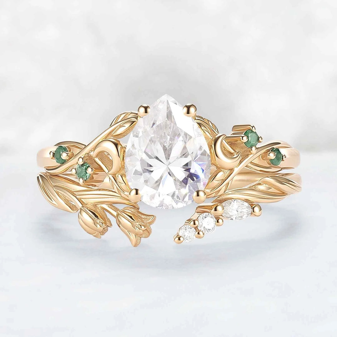Nature-Inspired Moon & Bud Design Moissanite with Moss agate Engagement Ring Set - 2pcs