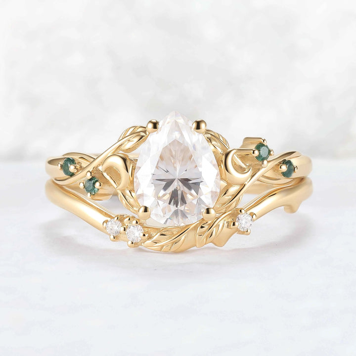 Nature-Inspired Moon & Leaf Design Moissanite with Moss agate Engagement Ring Set - 2pcs
