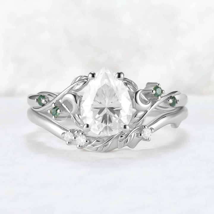 Nature-Inspired Moon & Leaf Design Moissanite with Moss agate Engagement Ring Set - 2pcs
