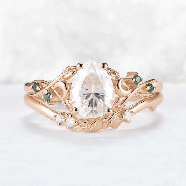 Nature-Inspired Moon & Leaf Design Moissanite with Moss agate Engagement Ring Set - 2pcs