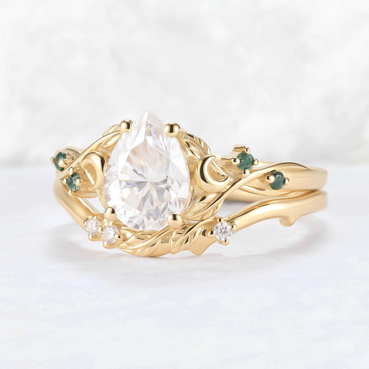 Nature-Inspired Moon & Leaf Design Moissanite with Moss agate Engagement Ring Set - 2pcs