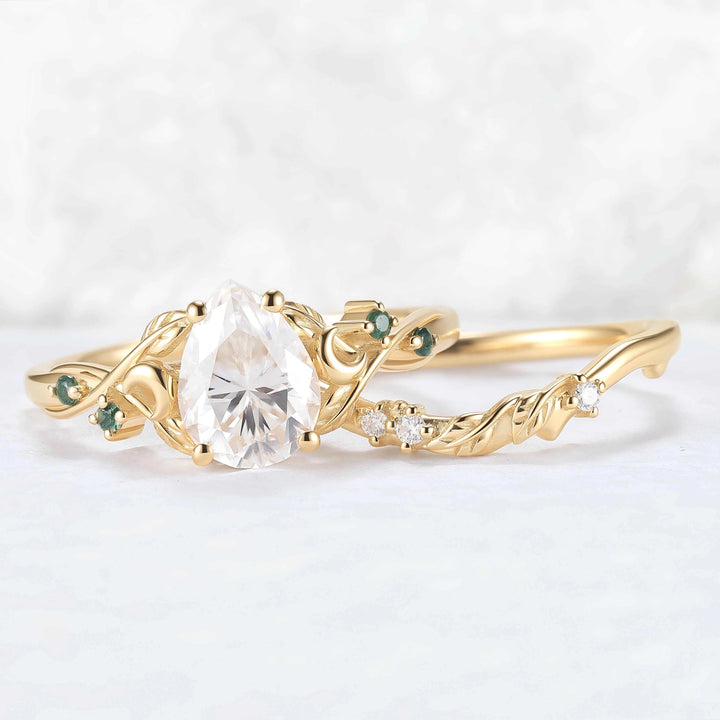 Nature-Inspired Moon & Leaf Design Moissanite with Moss agate Engagement Ring Set - 2pcs