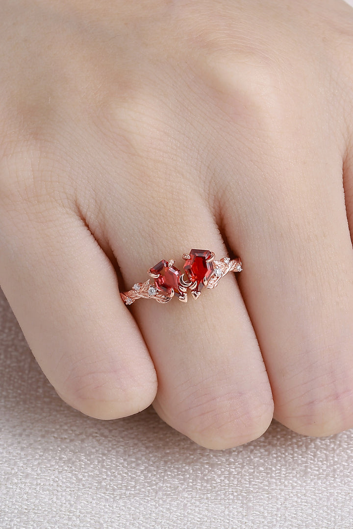 Nature-Inspired Crimson Embrace Garnet Vine Two-Stone Ring