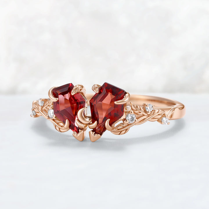 Nature-Inspired Crimson Embrace Garnet Vine Two-Stone Ring