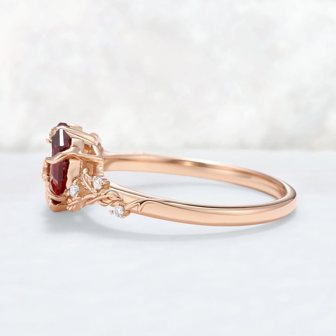 Nature-Inspired Crimson Embrace Garnet Vine Two-Stone Ring