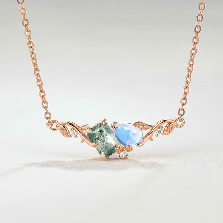 Nature-Inspired Emerald Cut Moss Agate & Pear Cut Moonstone Two-Stone Necklace