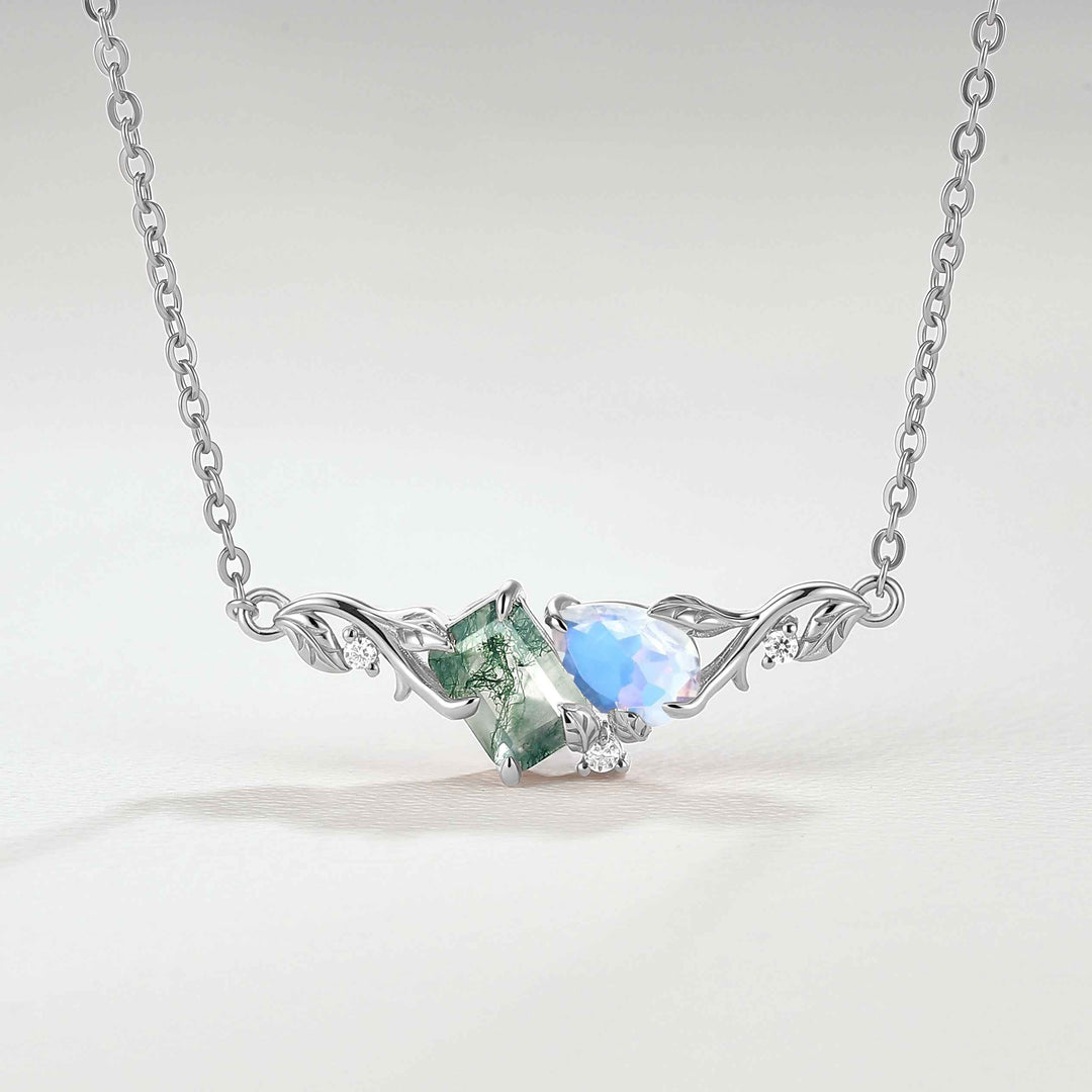 Nature-Inspired Emerald Cut Moss Agate & Pear Cut Moonstone Two-Stone Necklace