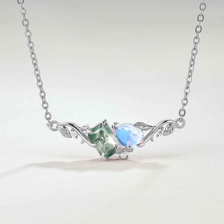 Nature-Inspired Emerald Cut Moss Agate & Pear Cut Moonstone Two-Stone Necklace