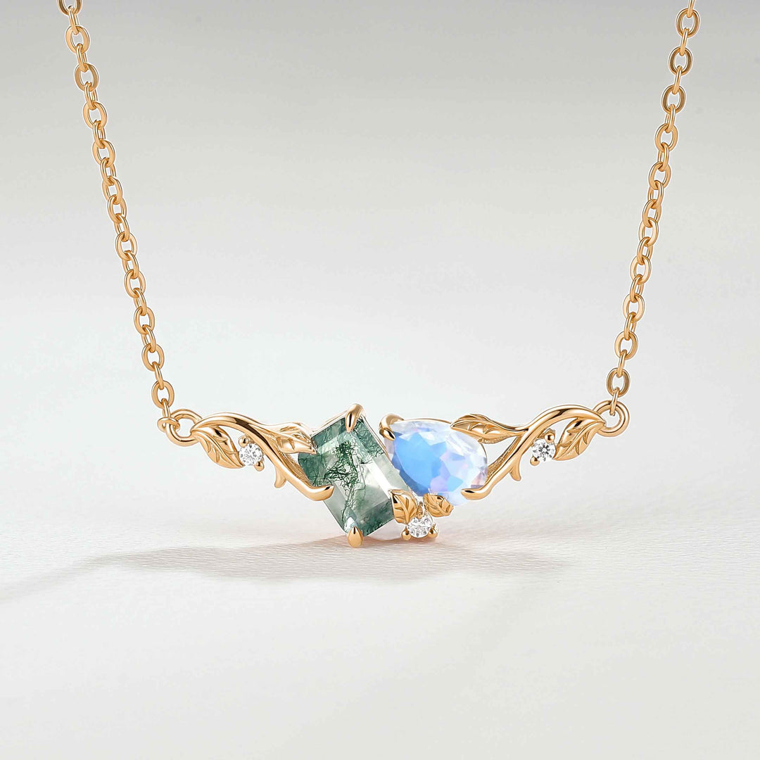 Nature-Inspired Emerald Cut Moss Agate & Pear Cut Moonstone Two-Stone Necklace