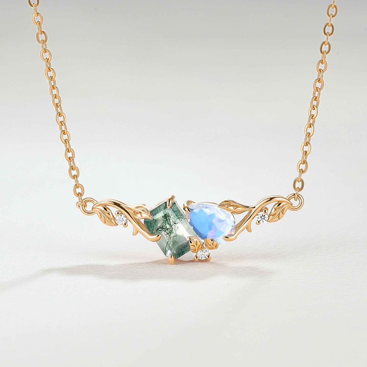 Nature-Inspired Emerald Cut Moss Agate & Pear Cut Moonstone Two-Stone Necklace