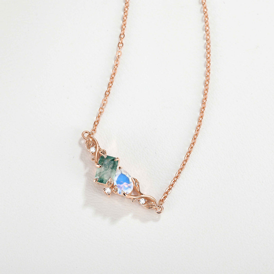 Nature-Inspired Emerald Cut Moss Agate & Pear Cut Moonstone Two-Stone Necklace