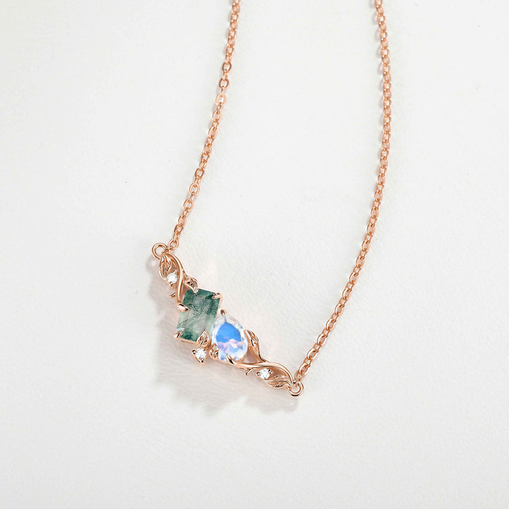Nature-Inspired Emerald Cut Moss Agate & Pear Cut Moonstone Two-Stone Necklace
