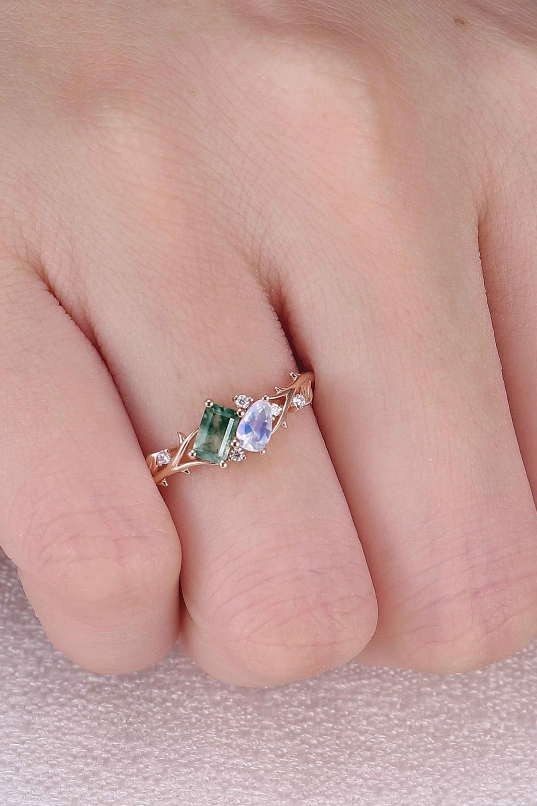 Nature-Inspired Emerald Cut Moss Agate & Pear Cut Moonstone Two-Stone Ring