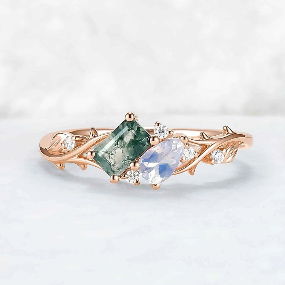 Nature-Inspired Emerald Cut Moss Agate & Pear Cut Moonstone Two-Stone Ring