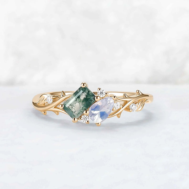 Nature-Inspired Emerald Cut Moss Agate & Pear Cut Moonstone Two-Stone Ring