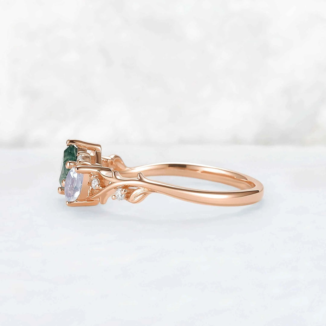 Nature-Inspired Emerald Cut Moss Agate & Pear Cut Moonstone Two-Stone Ring