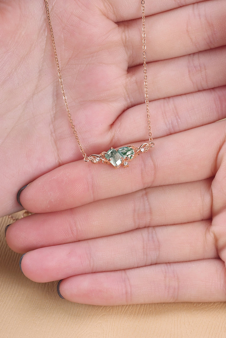 Nature-Inspired Emerald & Pear Cut Moss Agate Two-Stone Necklace