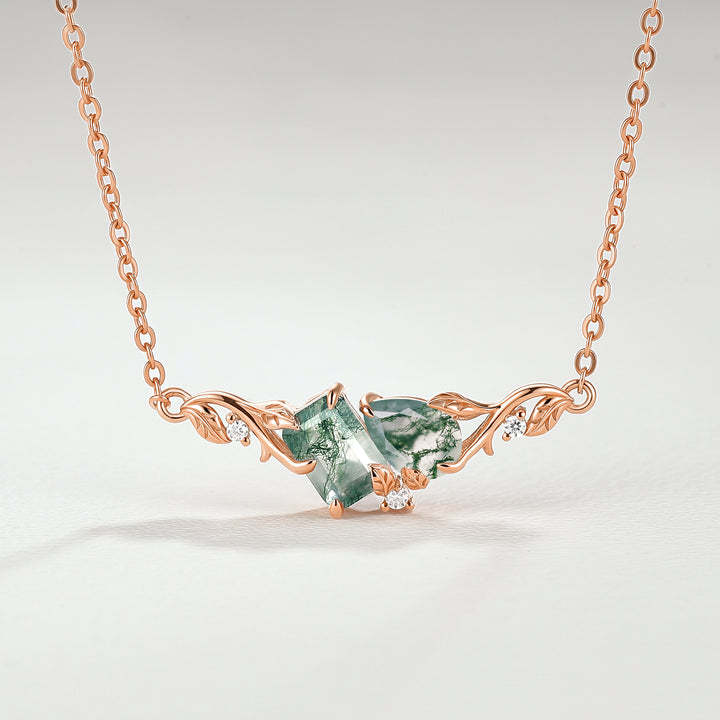 Nature-Inspired Emerald & Pear Cut Moss Agate Two-Stone Necklace