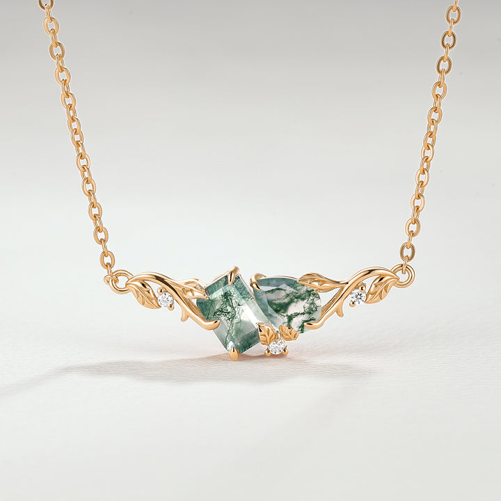 Nature-Inspired Emerald & Pear Cut Moss Agate Two-Stone Necklace