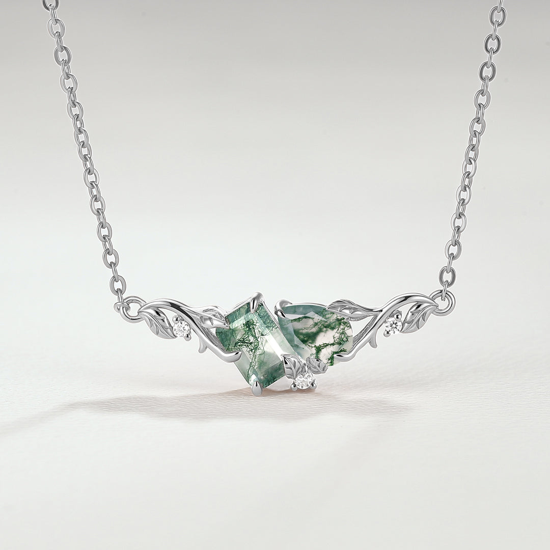 Nature-Inspired Emerald & Pear Cut Moss Agate Two-Stone Necklace