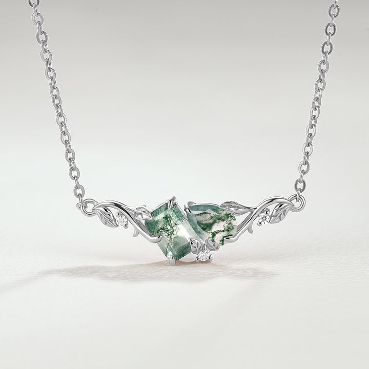 Nature-Inspired Emerald & Pear Cut Moss Agate Two-Stone Necklace