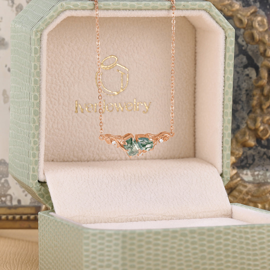 Nature-Inspired Emerald & Pear Cut Moss Agate Two-Stone Necklace