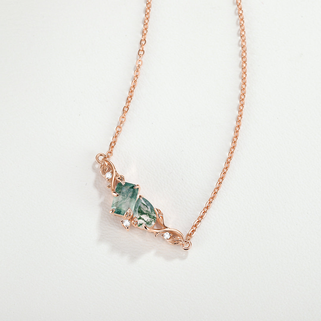 Nature-Inspired Emerald & Pear Cut Moss Agate Two-Stone Necklace