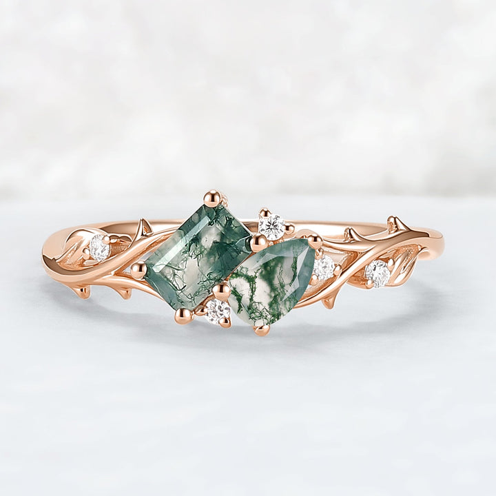 Nature-Inspired Emerald & Pear Cut Moss Agate Two-Stone Ring