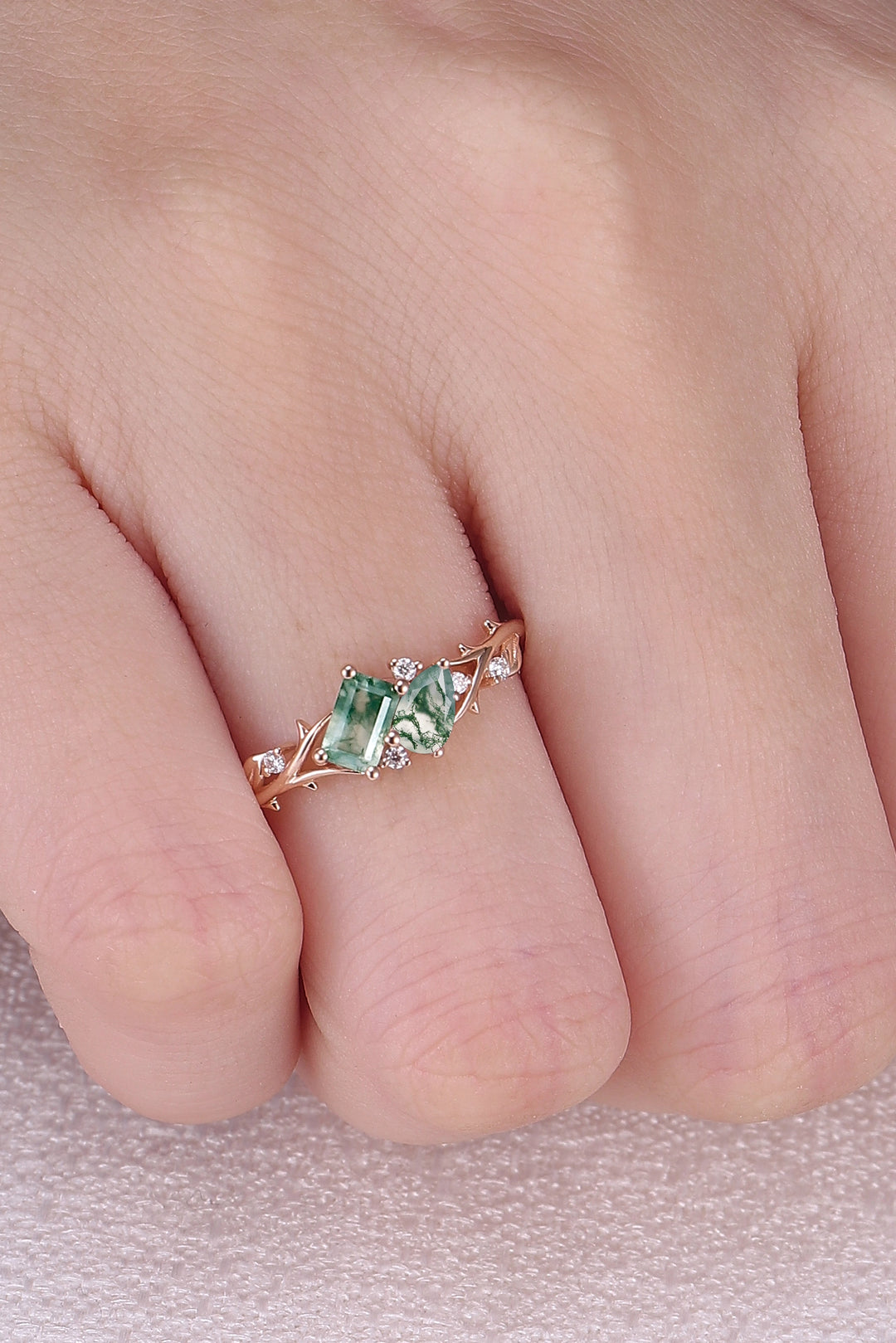 Nature-Inspired Emerald & Pear Cut Moss Agate Two-Stone Ring