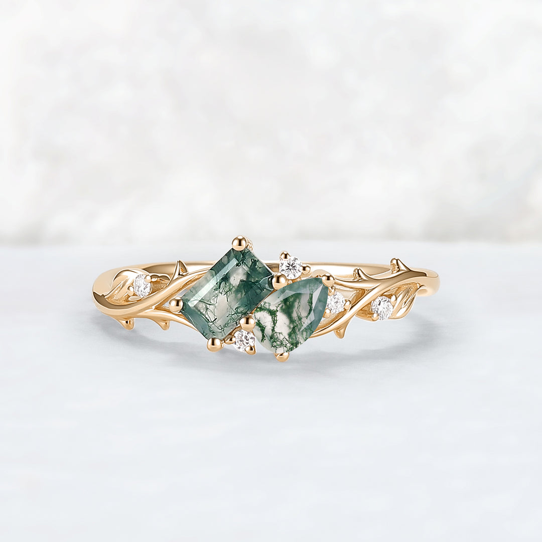 Nature-Inspired Emerald & Pear Cut Moss Agate Two-Stone Ring
