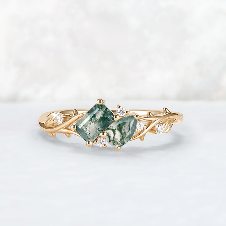 Nature-Inspired Emerald & Pear Cut Moss Agate Two-Stone Ring