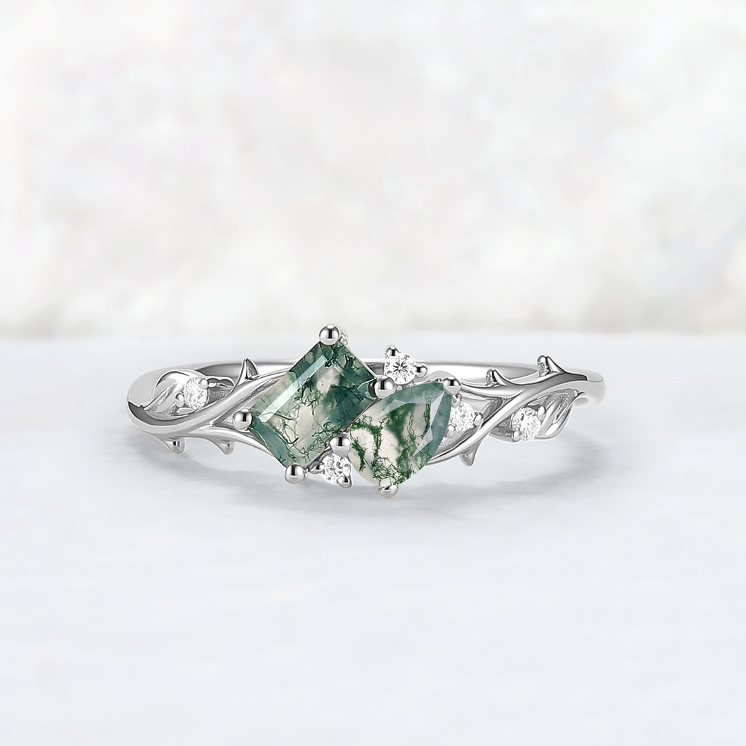 Nature-Inspired Emerald & Pear Cut Moss Agate Two-Stone Ring