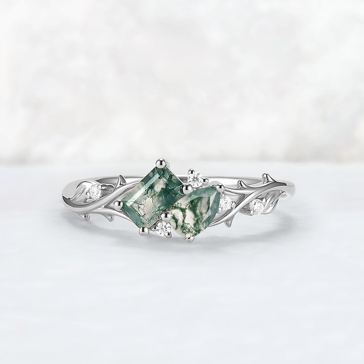 Nature-Inspired Emerald & Pear Cut Moss Agate Two-Stone Ring