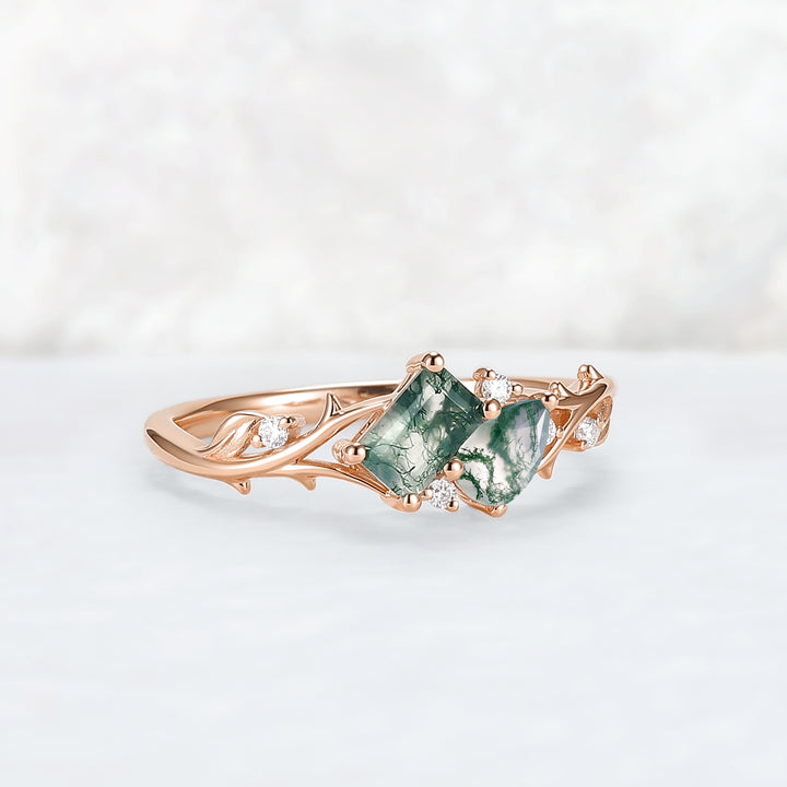 Nature-Inspired Emerald & Pear Cut Moss Agate Two-Stone Ring