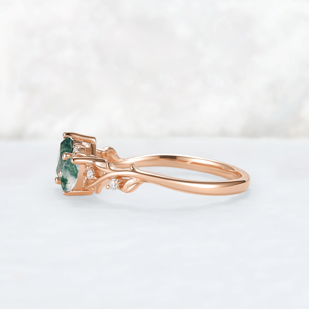 Nature-Inspired Emerald & Pear Cut Moss Agate Two-Stone Ring