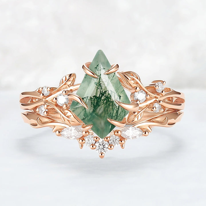 Nature-Inspired Kite-Cut Moss Agate Ring Set with Vine Band and Leaf Claw Design 2pcs