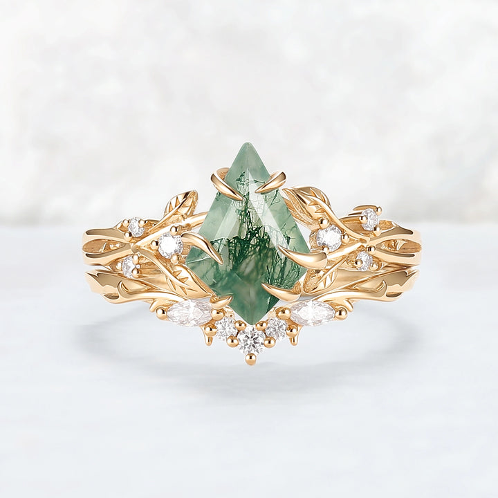 Nature-Inspired Kite-Cut Moss Agate Ring Set with Vine Band and Leaf Claw Design 2pcs
