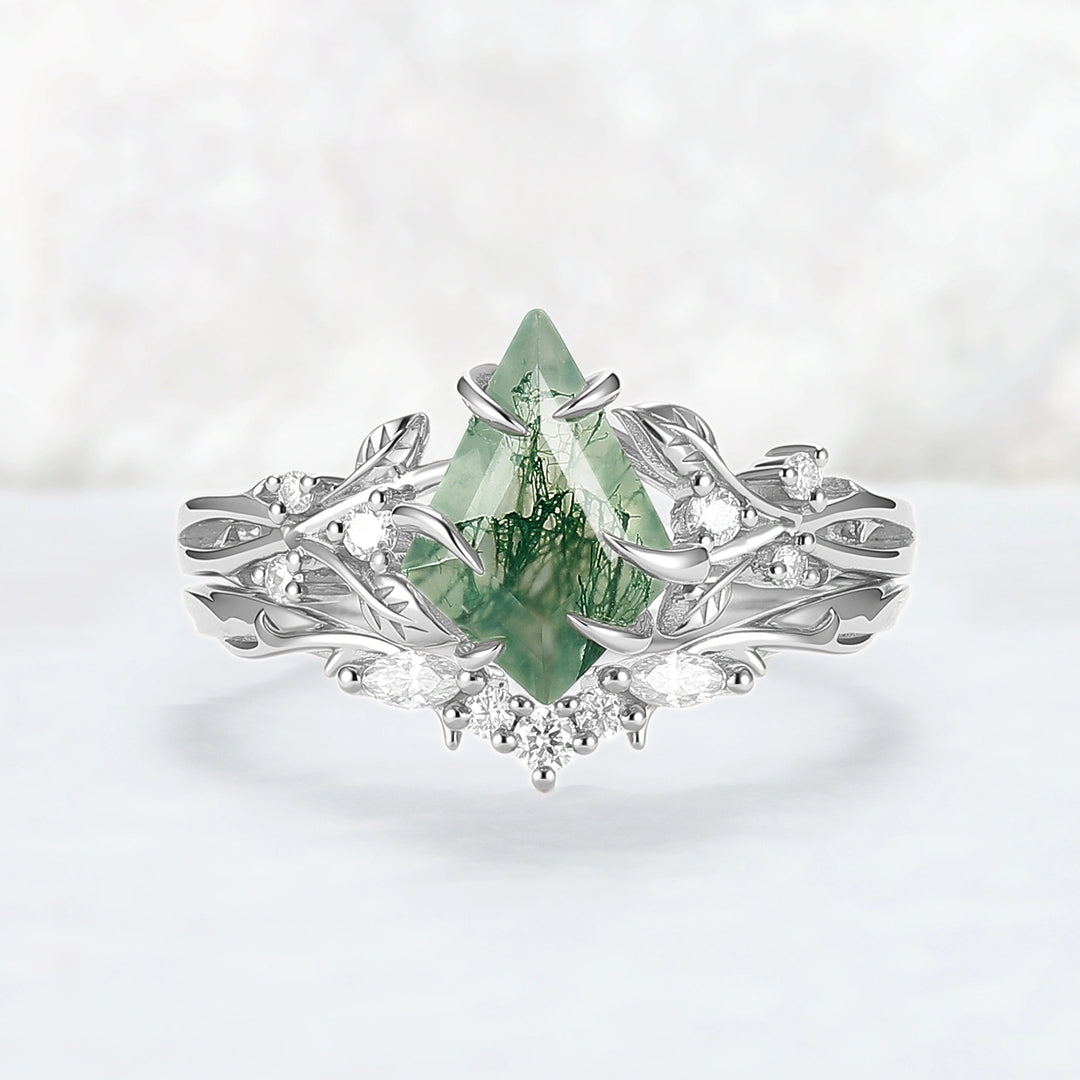 Nature-Inspired Kite-Cut Moss Agate Ring Set with Vine Band and Leaf Claw Design 2pcs
