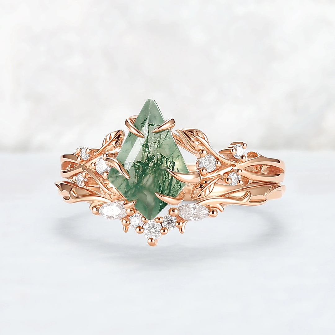 Nature-Inspired Kite-Cut Moss Agate Ring Set with Vine Band and Leaf Claw Design 2pcs