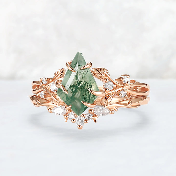 Nature-Inspired Kite-Cut Moss Agate Ring Set with Vine Band and Leaf Claw Design 2pcs