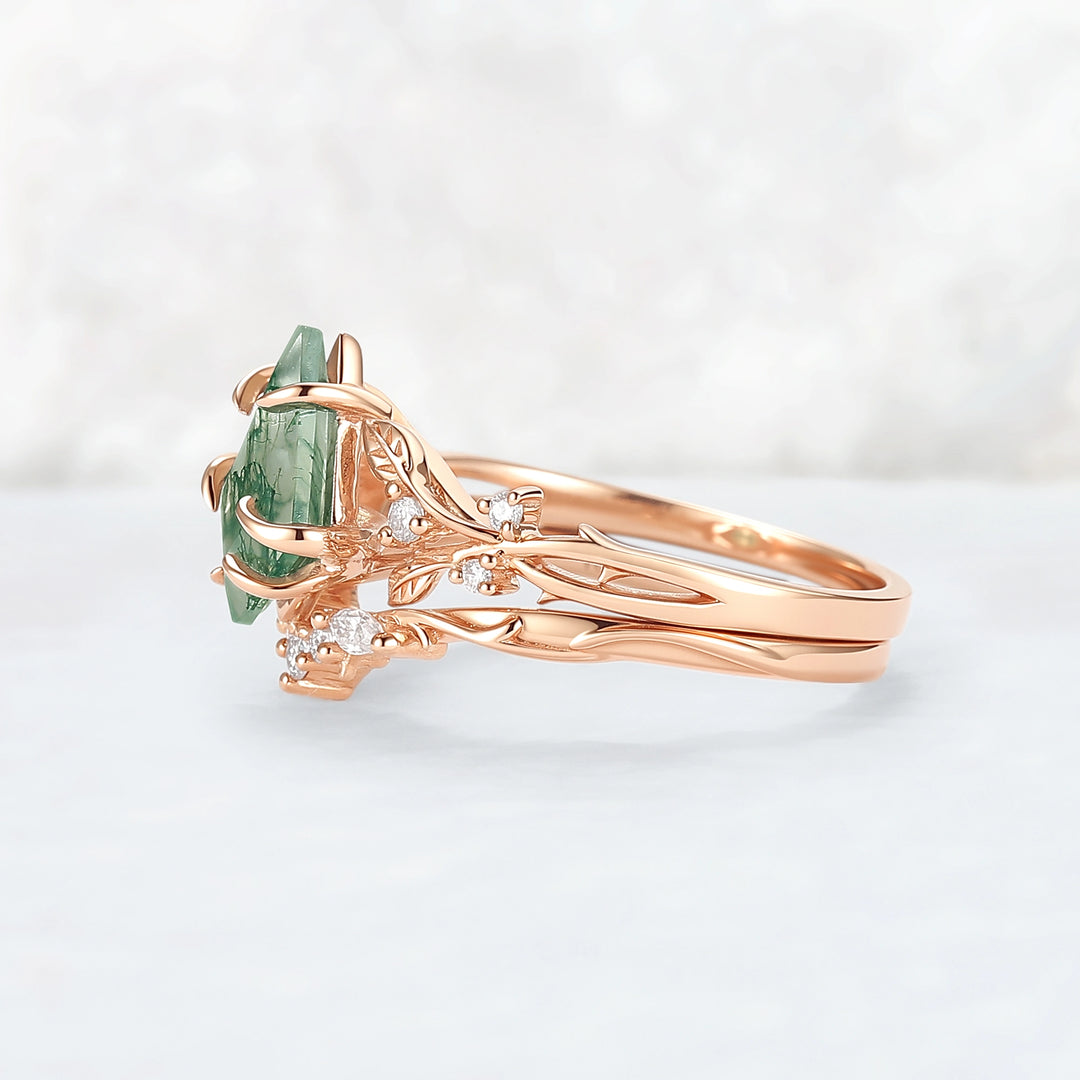Nature-Inspired Kite-Cut Moss Agate Ring Set with Vine Band and Leaf Claw Design 2pcs