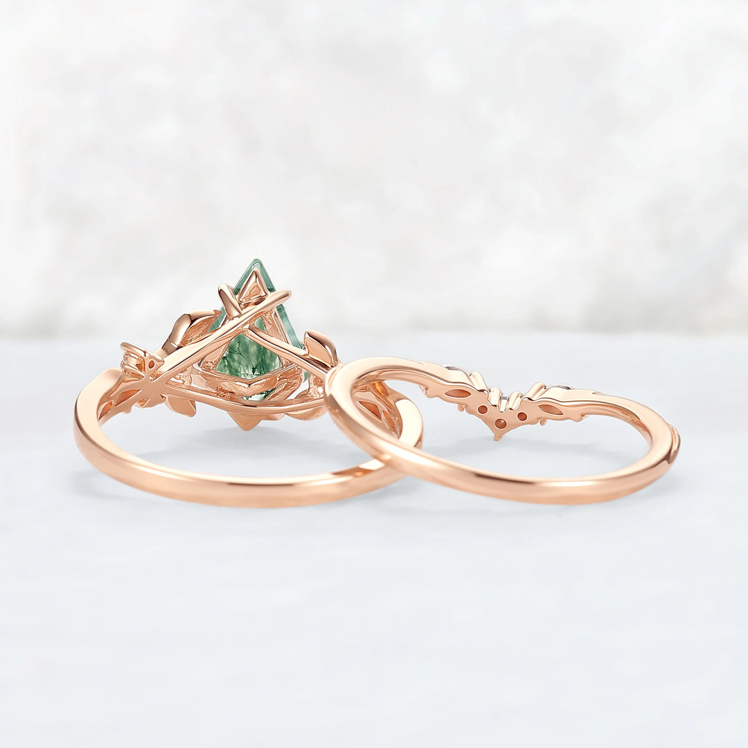 Nature-Inspired Kite-Cut Moss Agate Ring Set with Vine Band and Leaf Claw Design 2pcs