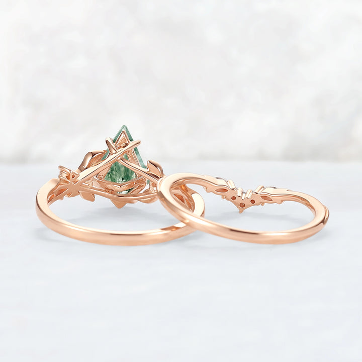 Nature-Inspired Kite-Cut Moss Agate Ring Set with Vine Band and Leaf Claw Design 2pcs