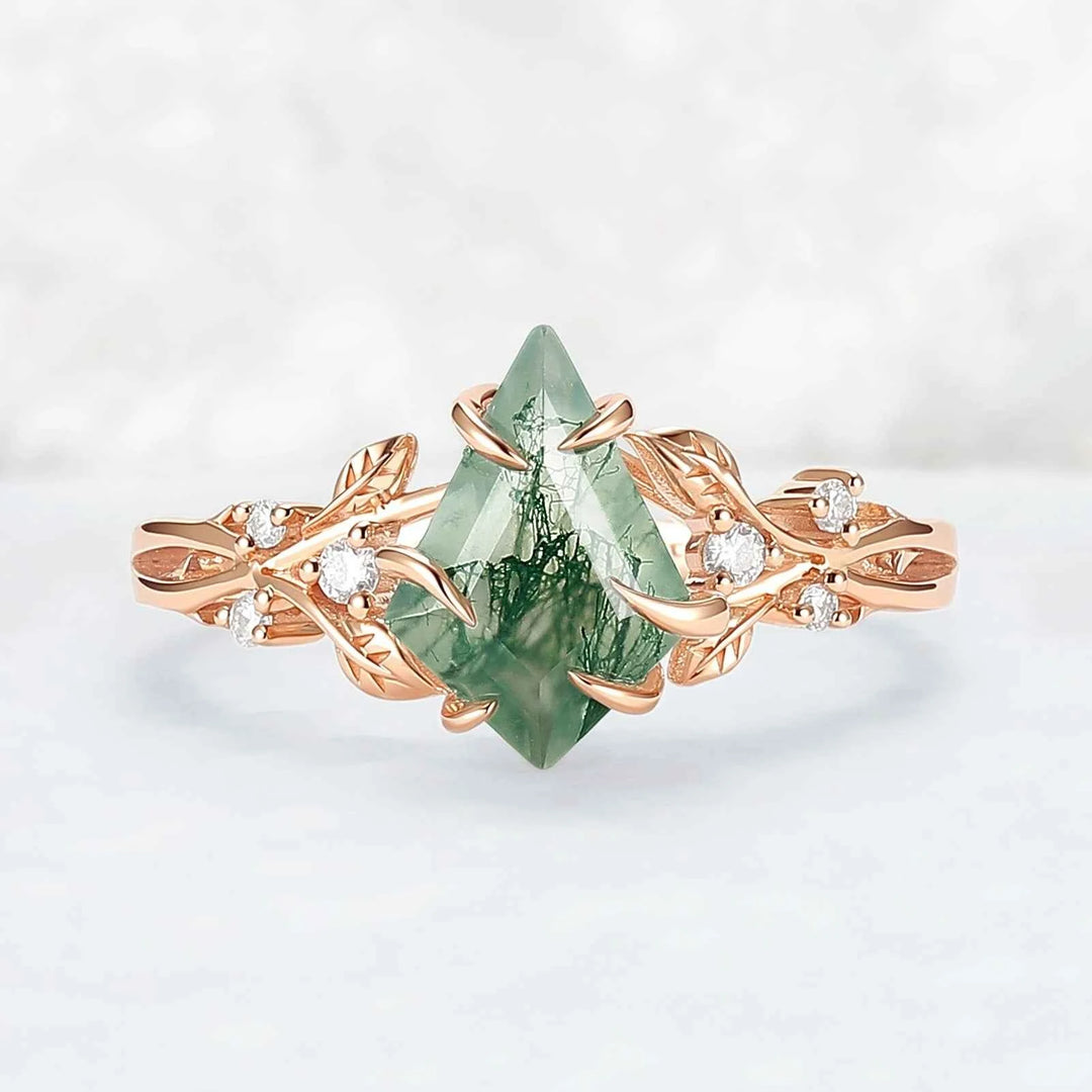 Nature-Inspired Kite-Cut Moss Agate Ring with Vine Band and Leaf Claw Design
