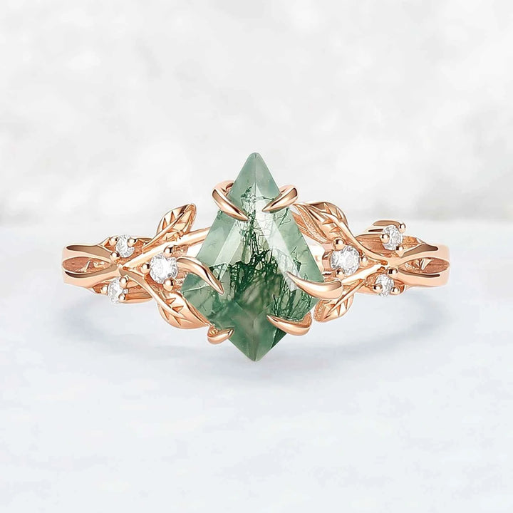 Nature-Inspired Kite-Cut Moss Agate Ring with Vine Band and Leaf Claw Design