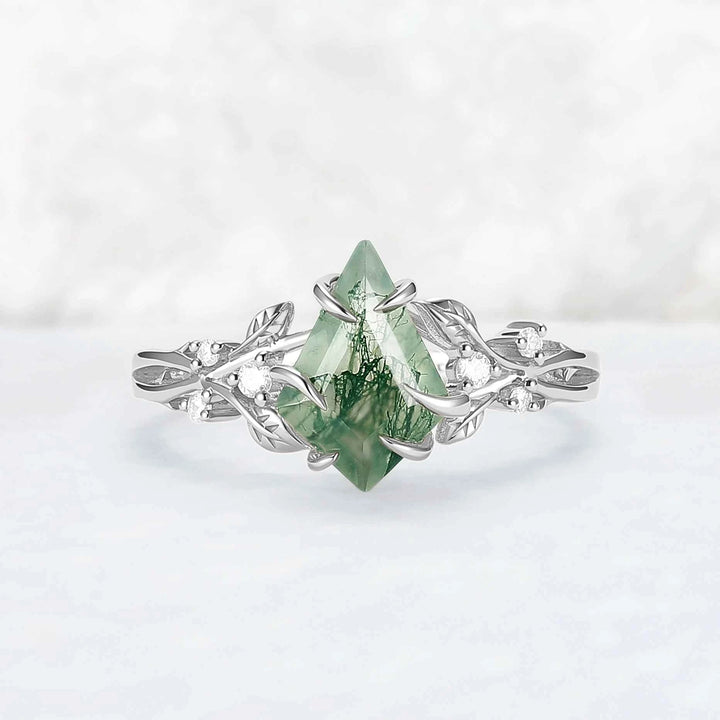Nature-Inspired Kite-Cut Moss Agate Ring with Vine Band and Leaf Claw Design